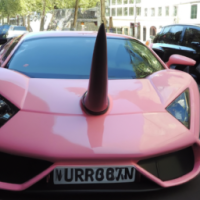 Nashorn in einem pinken Lamborghini in london